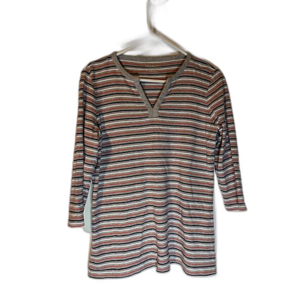 LL Bean Gry/Blck/Wht/Orange Stripe Gorpcore Casual V-Neck Long Sleeve Top S - Picture 1 of 5